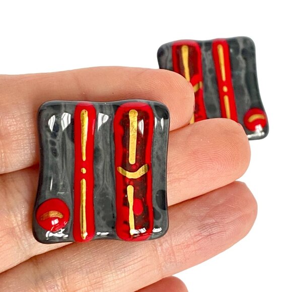 Abstract Geometric Fused Glass Gray Red Gold Black Lightweight Pierced Earrings - Picture 3 of 8